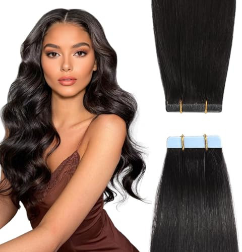 YILITE Invisible Tape Extensions Echthaar,Natürliches Schwarz 35cm 20 Stück 40g Gerade Remy Echte Menschliches Haar Tape in Seidig Haarverlängerungen (35cm #1B Natürliches Schwarz)