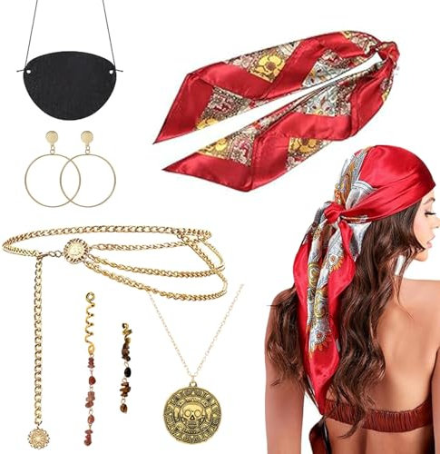 XINDY Piratenkostüm Damen, Piraten Accessoires Damen, Piraten Kopftuch Haarschmuck Pirat Augenklappe Taillenkette Piraten Kette Ohrringe für Piraten Kostüm Frauen, Hallowee Karneval Fasching Kostüm