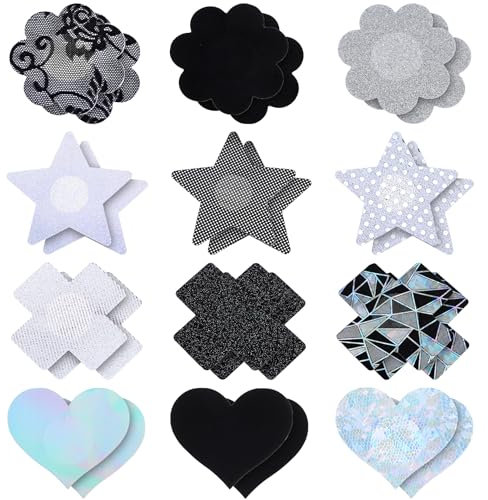 Lot de 12 paires de cache-tétons autocollants à paillettes pour femme - Motif floral et cœur - Croix - Étoile - Jetables - 7,6 cm - Autocollants sexy pour - Pour rave, Picture color,