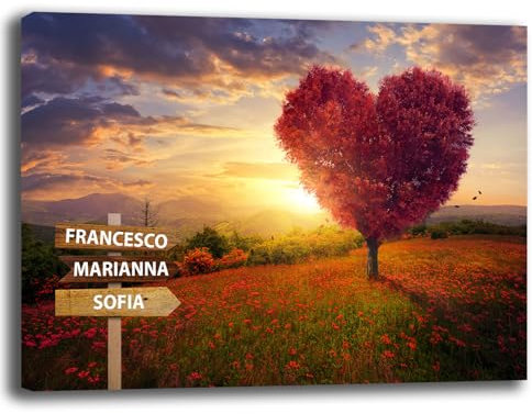 Printerland Quadro personalizzato NOMI FAMIGLIA Albero della Vita Stampa su tela canvas personalizzata Famliari Amore Quadri moderni con Cornice in Legno Inclusa (3 Nomi, 50x70 cm, Canvas intelaiato)
