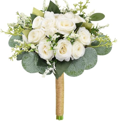 Febou Hochzeitssträuße für Braut, Brautjungfer, 22,9 cm, weißer elfenbeinfarbener Blumenstrauß, künstliche Seidenrosen, Blumen mit Eukalyptus, für Hochzeit, Kirche Dekoration