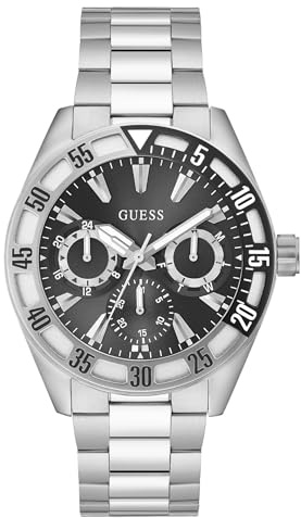 Guess Letterman Herren Armbanduhr, Quarz Analog, Edelstahl, 44mm, Edelstahlarmband, Silber, 5 bar, Zifferblattfarbe: Schwarz, Datumsanzeige, Leuchtzeiger, GW0904G1