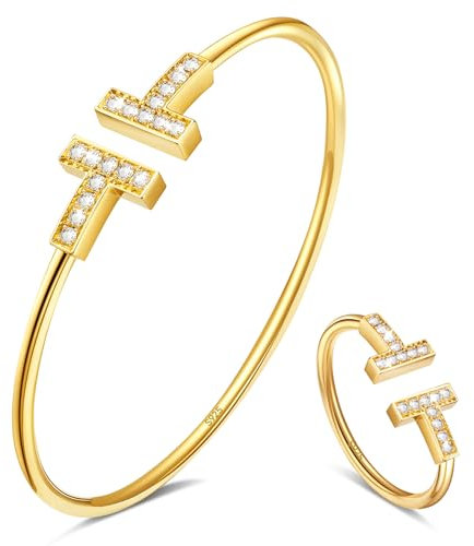 APUUESN Zirkon Schmuck Set,Armreif Sterling Silber 925 Damen und Ring Gold,Armreifen Goldene Frauen,Zirkon Armband,Buchstabe T Armbänder,Dupes,Geschenk für Freundin,Geburtstag