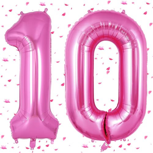 Rosa Pink Luftballon 10,Zahlen Luftballons rosa pink,40 Zoll Folienballon 10,101cm Rosa Pink Zahlenballon 10 Helium Ballon 10 Geburtstag für Geburtstagsdeko Kinder Mädchen Junge