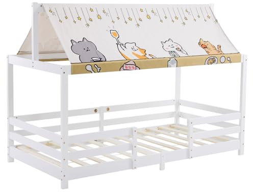 Bonnlo Kinderbett Hausbett mit Rausfallschutz, 90x190cm Bodenbett mit süßem Tiermotiv-Stoffdach, Spielhaus-Bett aus Kiefernholz in Weiß, 195x95x141cm