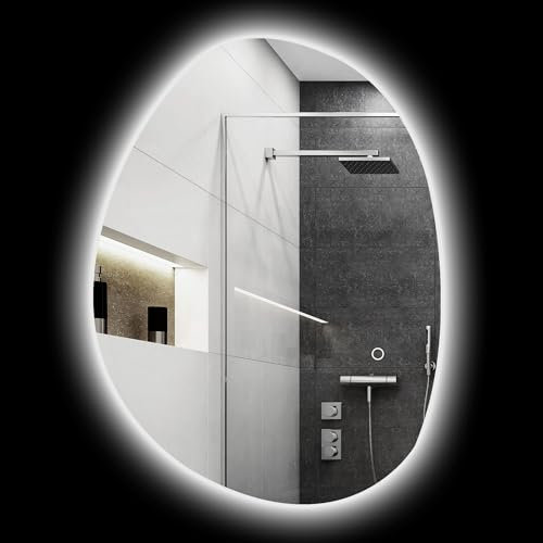 HOMCOM Badspiegel mit Beleuchtung 70x50 cm LED Spiegel mit Touchschalter, 3 Lichtfarben, Asymmetrischer Badezimmerspiegel mit Anti-Beschlag- & Memoryfunktion, Wandspiegel IP44, für Badezimmer