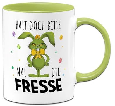 Tasse Ostern - Grinch Osterhase - Halt doch bitte mal die Fresse - Hasen Ostertasse lustig mit Spruch - Ostergeschenk für Erwachsene Männer & Frauen - Oster Geschenke (Grün)