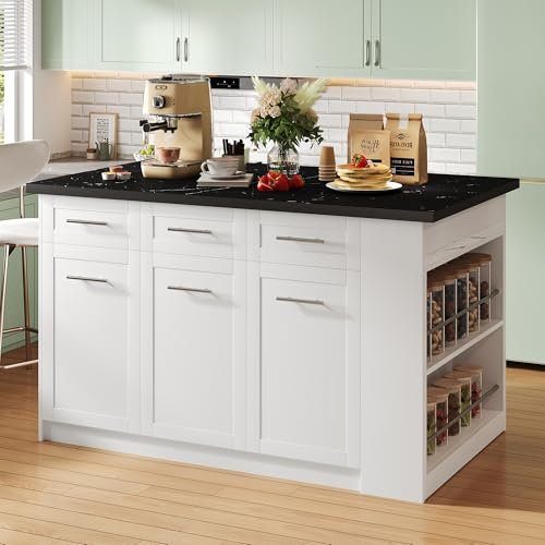 Merax Kücheninsel mit ausziehbarer Esstisch, Moderne Küchenschrank mit 6 Schublade & 3 Türen & Ablagefach & Gewürzregal, Mehrzweckschrank, Küchenzeile Schrank, Zusätzlicher Tisch, 150cm, Weiß&Schwarz