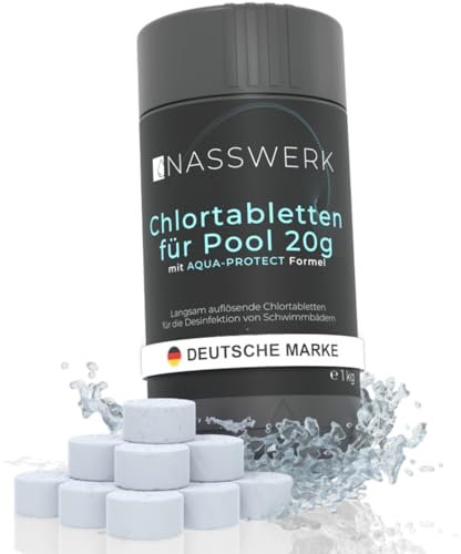 NASSWERK Langzeit Chlortabletten für Whirlpool 20g (1kg bis 10kg) | Chlortabs 20g langsamlöslich für Pool | Pool Reinigungstabletten Langzeittabletten zur Desinfektion & Pflege | Chlor Mini Tabs