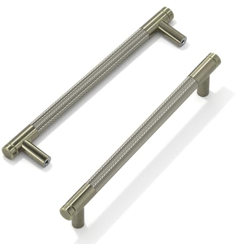 FURNIWARE 10 Pack Shiny Antique Brass Knurled Cabinet Handles, 160mm(6.3 Inch) Hole Center, T-Shaped Kitchen Cupboard Pulls for Drawer Dresser, Cupboard, Wardrobe