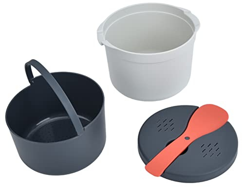 Cuiseur de Riz à ondes 2L avec Cuillère Verrouillage Couvercle Etanche pour Cuisson Vapeur Rapide, Bol Passe-partout pour Famille, Repas Sain, Cuisine d'Appartement