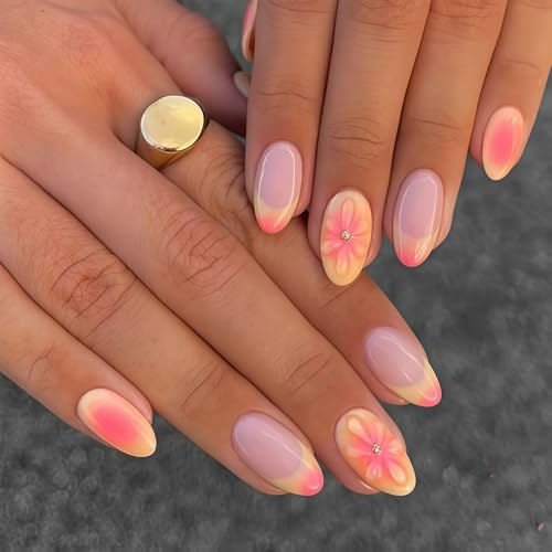 Evadollina Press On Nails, 24 Pieces Nails to Stick On, Pink and Yellow Floral Nail Art, Nail Tips, Fake Nails, Stick On Fingernails, Fingernails, Fake Nails