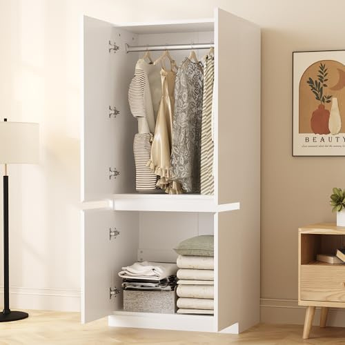 Zravenna Holz Kleiderschrank 70 × 40 × 170 cm mit Klapp-und Hängebereich, Doppeltür-Design mit großen Staufächern, Einzelkleiderschrank mit Geräumiger Stauraum (A, Weiß)