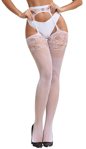 Medias de Liga Mujer de Encaje Pantimedias de Rejilla Talla Grande XS-5XL | Medias Sexy con Liguero,de Cintura Alta-Elástico,Lenceria de Red,Abertura Entrepierna,Jacquard Garter Stockings Fishnet