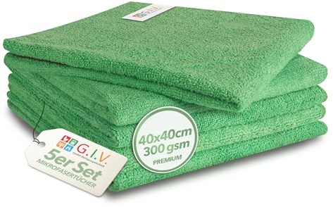 G.I.V. 5er Premium Microfasertücher Grün 40x40cm 300gsm - Reinigungstücher hygienisch, fusselfrei & saugstark - grüne Putztücher für Küche, saubere Flächen, Pflegebereich - 4-Farb-System Lappen