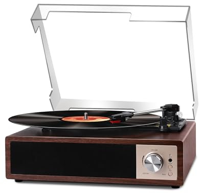 VOKSUN Tocadiscos de vinilo Bluetooth vintage, tocadiscos accionado por correa con altavoces estéreo integrados, 3 velocidades y codificador digital, entradas USB/RCA/auxiliares, fonógrafo retro