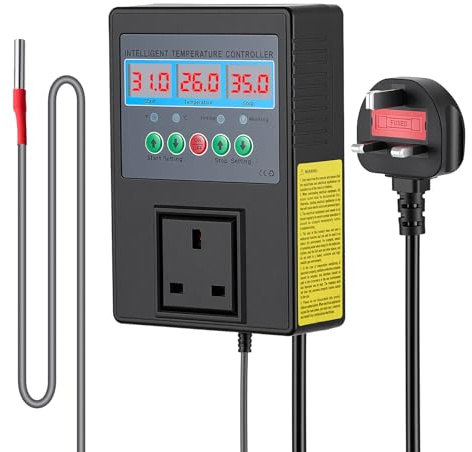 Digital Temperature Controller 15A 3300W, Heating Cooling Thermostat Controlled Outlet Socket with Waterproof Sensor Probe for Reptile Brewing, Greenhouse, Fermentation, Breeding, Incubation