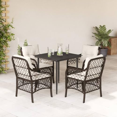 YuuSsea Salon de jardin 5 pièces en polyrotin marron avec coussins, résistant aux UV, 80 x 80 x 74 cm, table en verre, pour terrasse, balcon, extérieur