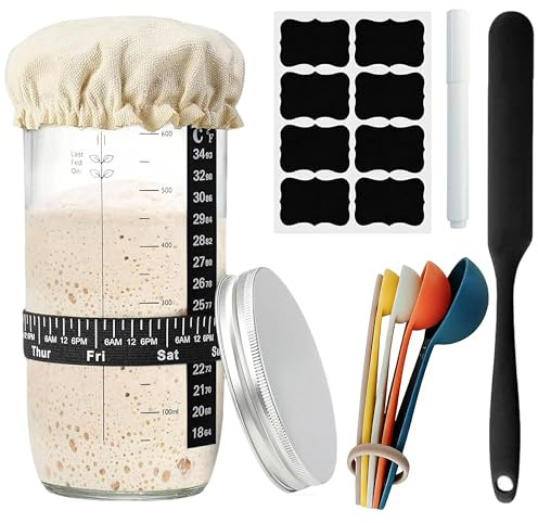 Sauerteig Starter Set,1000ml Fermentierglas,9-teiliges Komplettset mit Thermometer, Spateln, speziellem Gärglas & Brotback-Zubehör,Für perfektes Sauerteigbrot und gesunde Fermentation