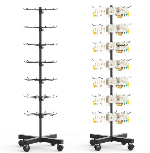 Drehbarer Verkaufsständer 7-stufig Höhenverstellbar Abstand,70 Haken 360° Rotierend mit Lenkrollen und Bremse,Displayständer Ø40cm H150cm für Schmuck,Schals,Socken,Ausstellungen und Zuhause (Schwarz)