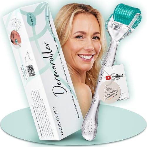 Dermaroller 0,5 mm ECHTE Nadeln – Microneedling Anti-Aging System – Falten, schlaffe Haut, Zornesfalte, Stirnfalten, Augenfalten, Nasolabialfalten, Mundfalten, Bunny Lines – FACES OF FEY