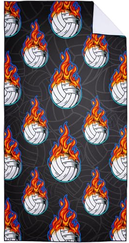 Violetpos Mikrofaser Groß Strandtuch 90x180 cm - Schnelltrocknendes & Kompaktes Handtuch/Strandhandtuch, Volleyball mit Flammen Motiv Badetücher für Reise Urlaub Camping mit Tasche
