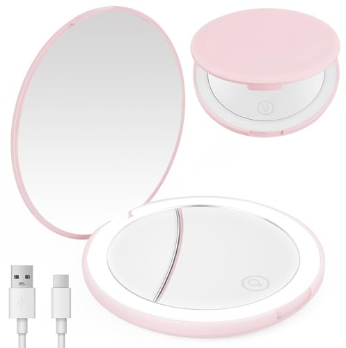 OSDUE Miroir de Maquillage de Voyage éclairé par LED - Grossissant 1x / 10x, Double Face LED Miroir de Poche Lumineux Compact et Portable pour Voyage Petit Miroirs Portable de Maquillage(Rose)