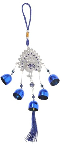 KICHOUSE Campanella a vento a forma di pavone - Campanella blu con occhio di Allah da appendere alla porta - a vento in metallo stile turco retrò per la decorazione di giardino e casa