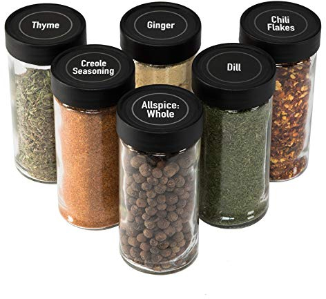 Allspice 4 oz cristal botes de especias (mismo tamaño como penzeys y especias cámara) con negro plástico tapas y 3 estilos de Shaker tops- 6 unidades