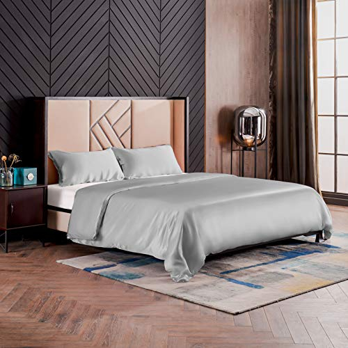 THXSILK Seidenbettwäsche Set 3 teilig, Bettbezug 200 x 200 cm und 2 Kissenbezüge 40 x 80 cm, Hypoallergen 19 Momme Maulbeerseide Bettwäsche, Ultra Weich und Glatt, Grau