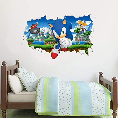 Sonic The Hedgehog Wall Sticker - Doctor Eggman Chasing Sonic and Tails Smashed Wall Vinyl Art Decal (90cm w x 55cm h)
