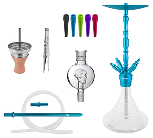 Skynet® Air Shisha Set Hookah 86cm Alu + Zubehör | große Wasserpfeife Komplett Molassefänger Schlauch Tonkopf 100x Hygienemundstück Kaminaufsatz 18/8 Schliff Edelstahl schöne Bowl - Skyblue
