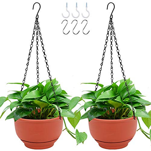 GROWNEER 2 Packungen 20,3 cm Kunststoff-Hängekorb mit 6 Haken, hängender Blumentopf mit abnehmbarem Boden für Garten, Innen- und Außenbereich, Heimdekoration (Terrakotta-Farbe)