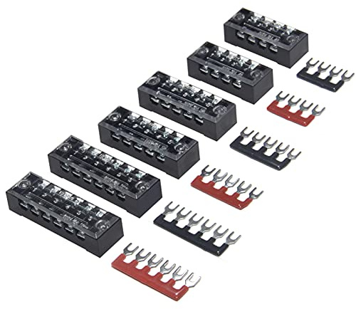6 Sets Terminal Blocks, 4/5/6 Positions 600V 15A Dual Row Wire Screw Terminal Strip Block with Cover + 400V 15A Pre-Insulated Bus Bar Terminals Barrier Strips Jumpers (Black & Red) by MILAPEAK