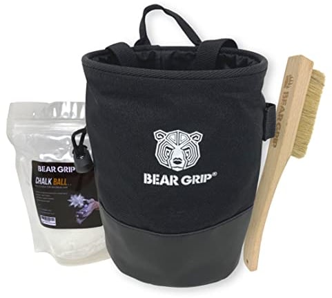 BEAR GRIP Premium Chalk Bag Bundle Pack for Rock Climbing with Waist Belt Chalk Ball and Brush. (Black)