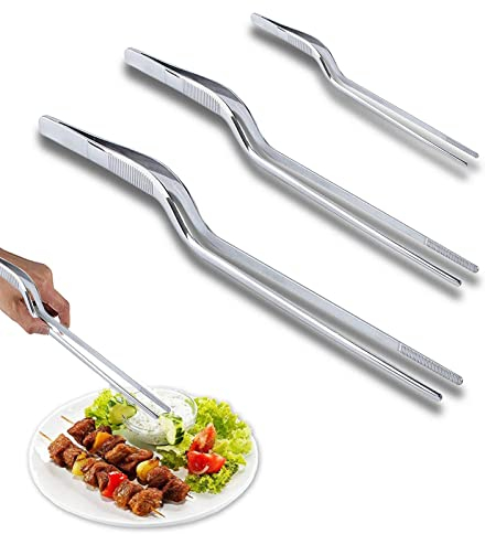 Edelstahl Gebogene Pinzette Küche,3 Stück Küchenpinzette Kochpinzette 14/20/23cm,Grillpinzette,Futterpinzette, Koch Pinzetten Küche Set, zum Kochen Küche, Handgemacht, Pflanzenpflege