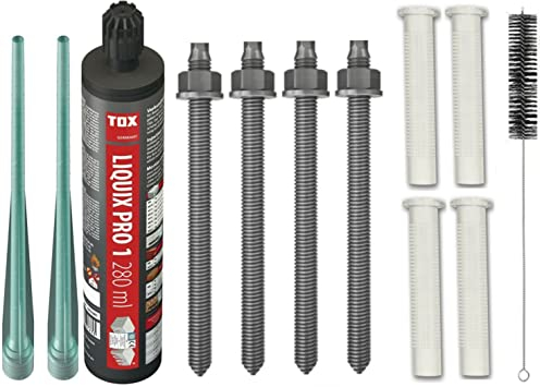 Schwerlastbefestigung SET M12x160mm EDELSTAHL A4 - TOX Verbundmörtel Liquix Pro 1 + 4 Gewindestangen + 4 Siebhülsen 20x85mm + Zylinderbürste/Klebeanker Ankerstangen