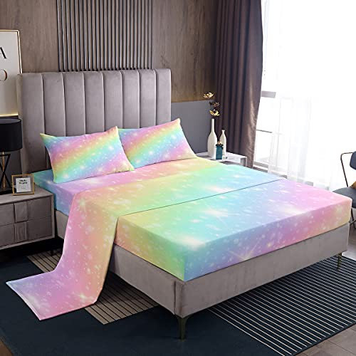 Erosebridal Regenbogen-Bettwäsche-Sets für Mädchen, Kinder, Teenager, Batikfärbung, Pastell-Bettlaken-Set, King-Size, abstrakte Aquarellkunst, Spannbetttuch + Bettlaken + 2 Kissenbezüge