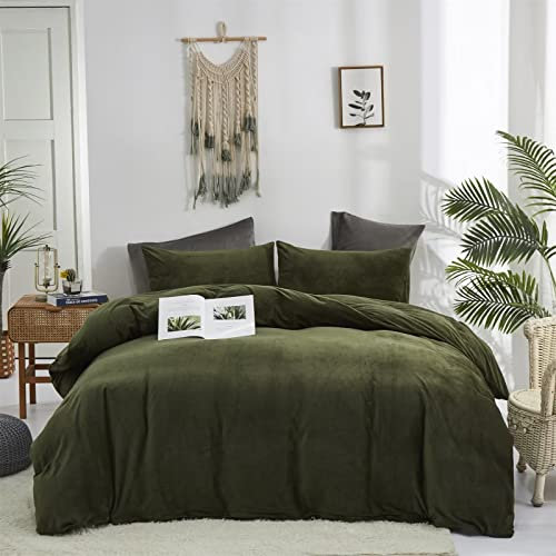 Houseri Samt-Olivgrünes Bettdecken-Set für King-Size-Bett, flauschiges Armee-Bettwäsche-Set, Größe Herren, dunkles Mikromink-Sherpa, schwärzliche Flanelldecke, flauschige Decke, warmes Kingsize-Bett