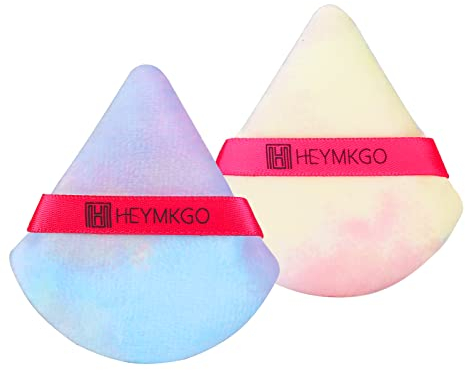 2 Pcs Powder Puff, Triangle Powder Puffs for Pressed Powder Loose Powder Cosmetic Foundation, Reusable Velvet Powder Puff with Strap for Wet Dry Dual-use Facial Sponges Cleansing Beauty Make-up Tools