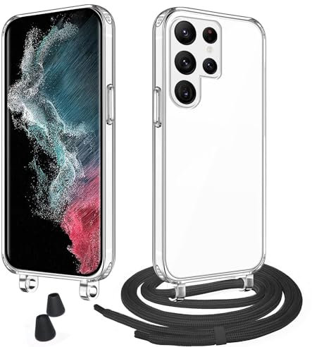 WenBaby Handykette mit Band für Samsung Galaxy S22 Ultra Schutzhülle Necklace Hülle mit Band Handyhülle für zum Umhängen Transparent Case mit Schnur,Schwarz