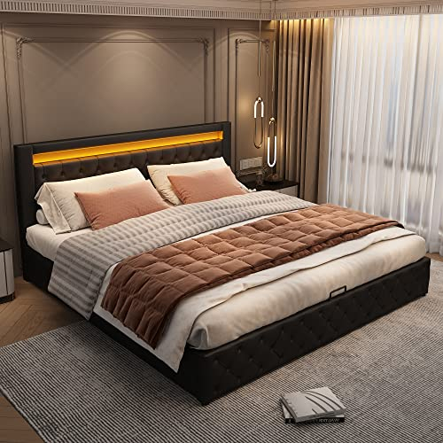 KecDuey Hydraulische Bett 180x200cm Polsterbett mit Lattenrost und Stauraum Doppelbett inkl. LED-Beleuchtungsleiste Bettgestell, Stauraumbett Funktionsbett Bezug aus Kunstleder Schwarz