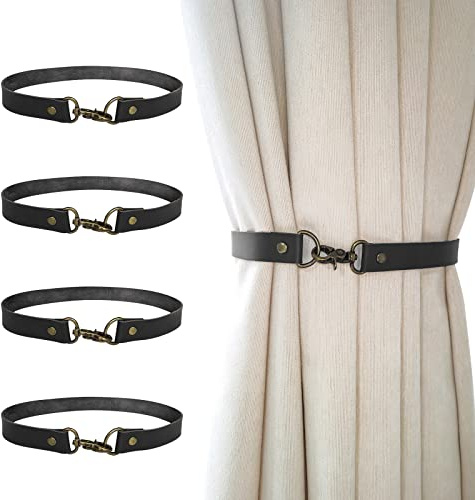 Leder-Vorhang-Raffhalter, 4 Stück Leder-Vorhangschnallen, Vorhanghalter, klassische Vorhangbänder, kein Bohren, Vorhangseil, Raffhalter für Zuhause, Wohnzimmer, Schlafzimmer, Café, dekorativ (schwarz)