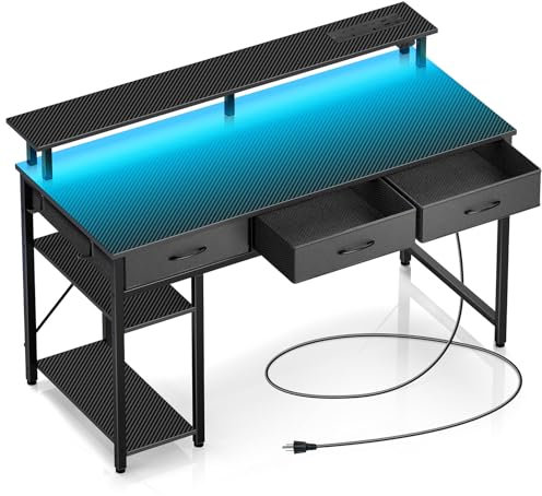 Rolanstar Scrivania con Cassetti Led, Postazione Gaming con 2 Prese di Corrente e 2 Porte di Ricarica USB, Scrivania Gaming con Supporto per Monitor & Ripiani Regolabili per Ufficio(Nero, 137cm)
