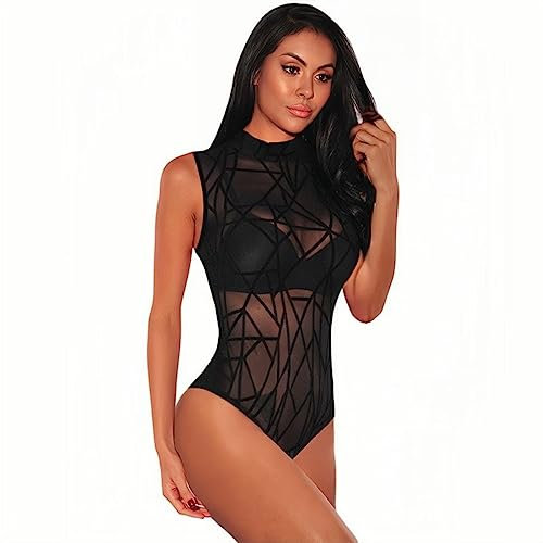 Rongseng Body Damen Sexy Printed Sheer Mesh Bodysuit Mock Neck Ärmellos Slim Bodys Transparenter Oberteil Stretchy Netz Jumpsuit Elegant Blusebody Mode Tank Top Trikot Clubwear