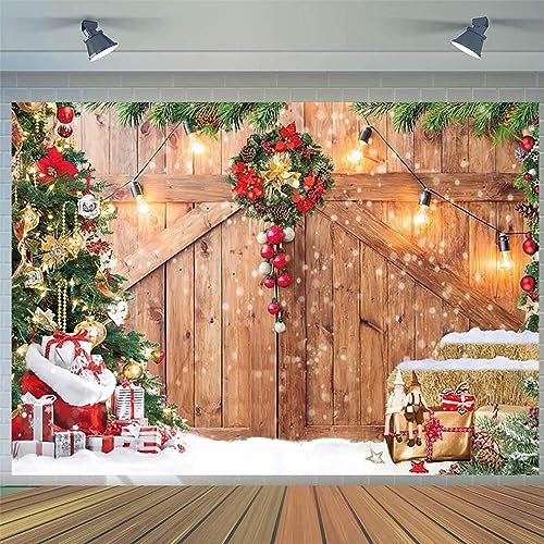 1.5x1.2m Foto Hintergrund Weihnachten Scheune Holz Tür Weihnachtsbaum Schnee Szene Geschenk Wand Boden Fotografie Hintergrund Familie Winter Urlaub Neujahr Party Dekorationen Banner Fotobox Requisiten