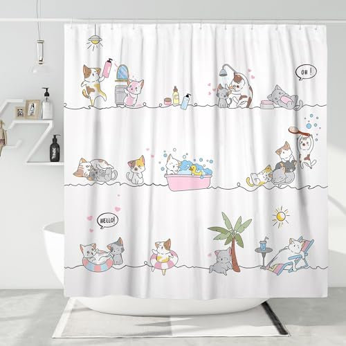 DESIHOM Niedliches Anime-Katzen-Duschvorhang-Set, lustige Cartoon-Duschvorhänge für Badezimmer, Kinder, Neuheit, Dekoration, Polyesterstoff, 183 x 183 cm