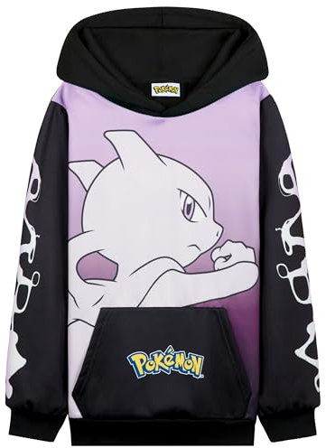 Pokémon Sweat à Capuche Garçon Ado, Pull Manga avec Poche Kangourou et Capuche, Pikachu Gengar Charizard Eevee, Cadeau Anime (7-8 Ans, Noir/Rose Mewtwo)