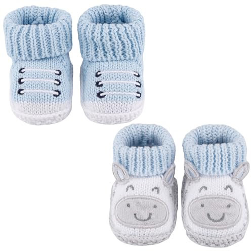LACOFIA 2 Paare Neugeborene Gestrickt Babyschuhe Weiche Baby Jungen Mädchen Stiefeletten 0-3 Monate Blaues Kalb+Blau