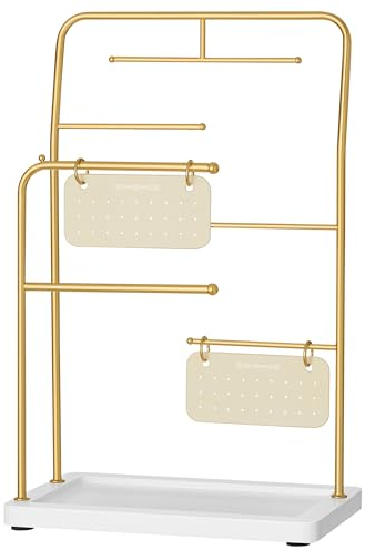 SONGMICS Porte-bijoux, Présentoir, en Métal, 2 Plaques à Boucles Clous, 6 Tiges de Suspension, pour Colliers, Boucles d’Oreilles et Bracelets, Bagues, Doré Métallique JJS024A01